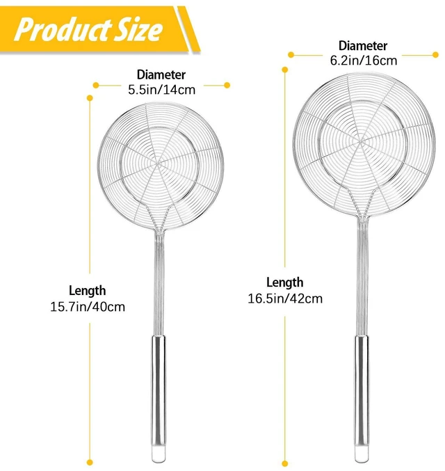 Alt view image 3 of 7 - Large Stainless Steel Spider Strainer Long Handle, 2 Pack | Skimmer Basket, Ladle Strainers for Frying, Boiling Noodles, Dumplings, Pasta