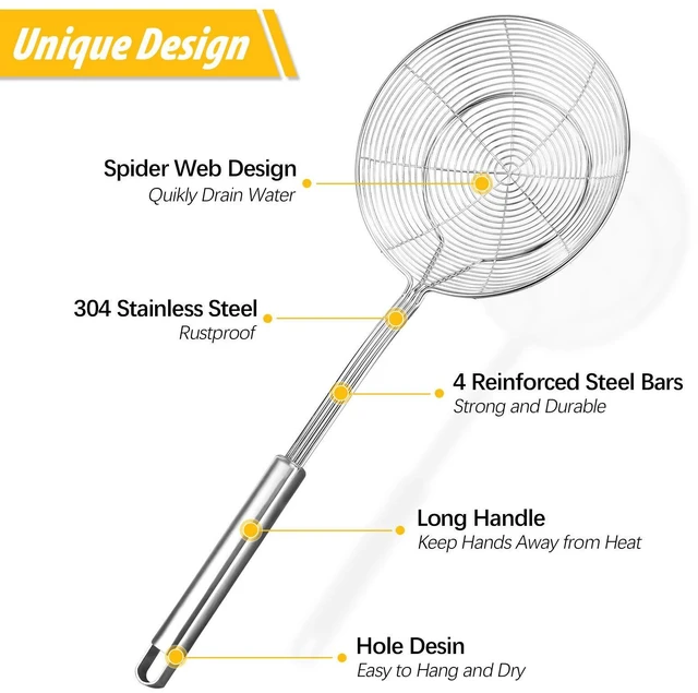 Alt view image 2 of 7 - Large Stainless Steel Spider Strainer Long Handle, 2 Pack | Skimmer Basket, Ladle Strainers for Frying, Boiling Noodles, Dumplings, Pasta