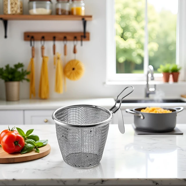 Alt view image 5 of 7 - 1Pc Stainless Steel Pasta Basket, Mesh Spider Food Dumpling Noodle Strainer, Fine Mesh Strainer with Handle, Food Strainers
