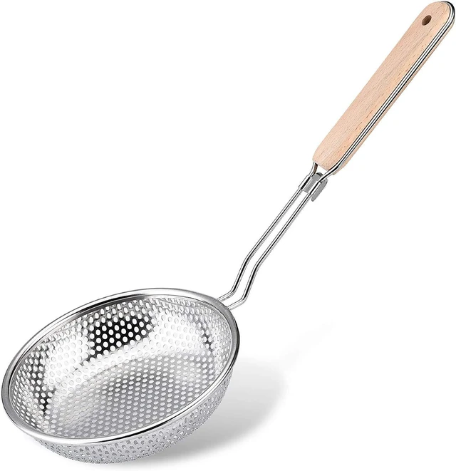 Main image of Stainless Steel Micro-Perforated Skimmer Strainer,Pasta Noodle Net Basket with Wooden Handle(20 Ounce)