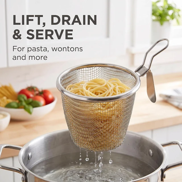 Alt view image 6 of 7 - Stainless Steel Pasta Basket, Fine Mesh Strainer with Handle, Mesh Spider Food Dumpling Noodle Strainer Food Strainers (Silver)