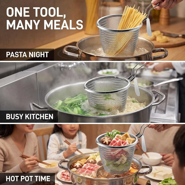 Alt view image 7 of 7 - Stainless Steel Pasta Basket, Fine Mesh Strainer with Handle, Mesh Spider Food Dumpling Noodle Strainer Food Strainers (Silver)