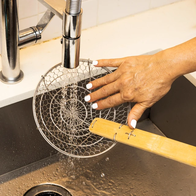 Alt view image 5 of 7 - Kitchen Spider Strainer Stainless Steel 5-Inch Wire Basket with Heat-Resistant Bamboo Handle