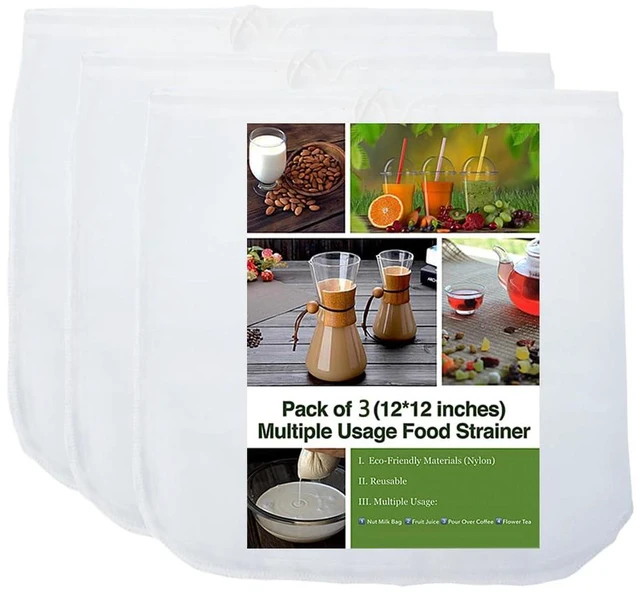 Main image of 3 Pack - Ultra Fine Nut Milk Bag, 12X12 Inches, 80 Micron, Multiple Usage Reusable Food Strainer, Cold Brew Coffee Bag, Food Grade Nylon Mesh, BPA-Free, Cheesecloth Bag, Yogurt Strainer, Juice Filter