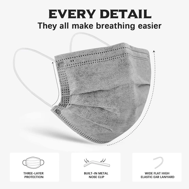 Alt view image 3 of 7 - 100 Pcs Gray Disposable 3 Ply Earloop Face Masks,Fit for Adults | Non-Woven Fabric, Nose Clip Elastic Earloop travel and daily use, Breathable Face Mask for Teenagers