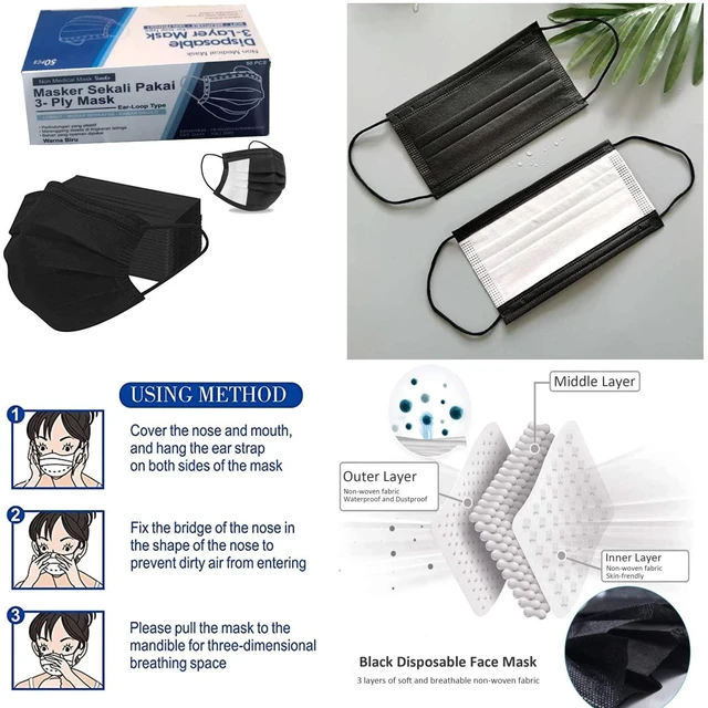 Alt view image 2 of 7 - Disposable 50 Pack Face Mask 3 Ply Filter Protection, 50 Disposable Protective Mask (50 Pieces, Black)