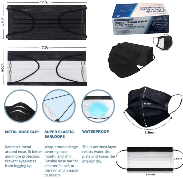 Alt view image 5 of 7 - Disposable 50 Pack Face Mask 3 Ply Filter Protection, 50 Disposable Protective Mask (50 Pieces, Black)