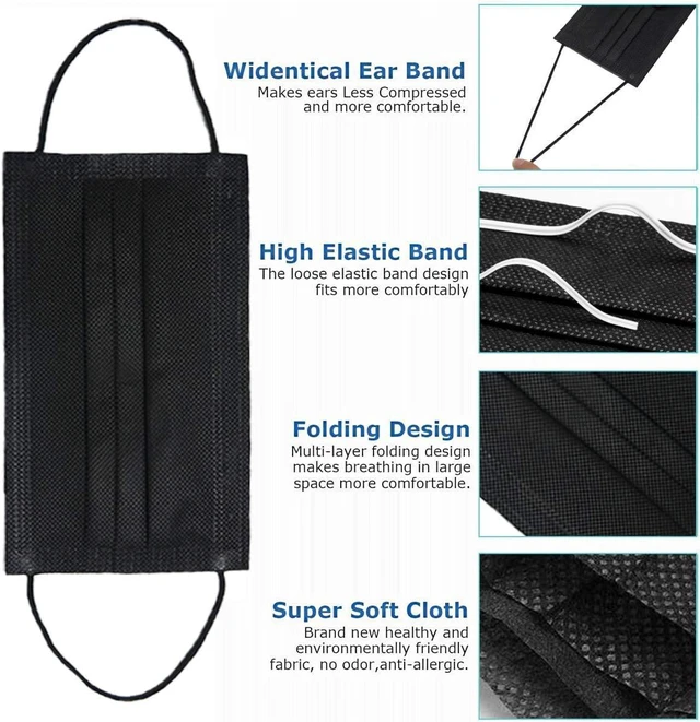 Alt view image 3 of 6 - 100 Pack Medical Disposable Face Masks ASTM Level 2 Black | Protective 3 Ply Black Face Mask for Adults