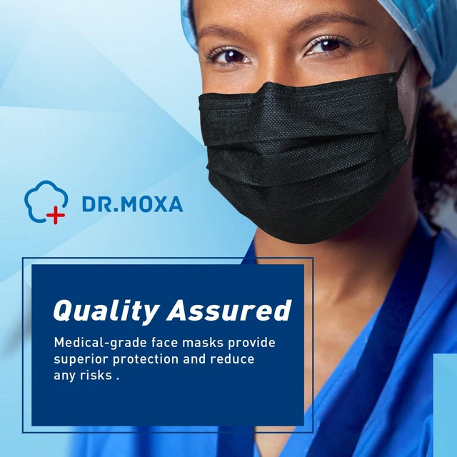 Alt view image 4 of 6 - 100 Pack Medical Disposable Face Masks ASTM Level 2 Black | Protective 3 Ply Black Face Mask for Adults