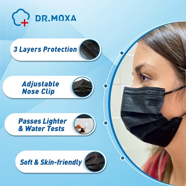 Alt view image 5 of 6 - 100 Pack Medical Disposable Face Masks ASTM Level 2 Black | Protective 3 Ply Black Face Mask for Adults