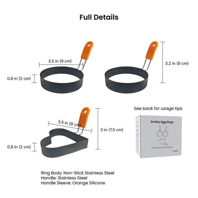 Alt view image 6 of 6 - 3Pack Stainless Steel Egg Rings for Frying Eggs | 3.5inch nonstick rings, 2 round & 1 heartshaped. Ideal for fried eggs, breakfast sandwiches & homebaking
