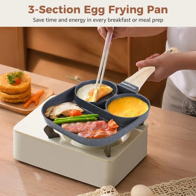 Alt view image 2 of 5 - 3 in 1 Egg Frying Pan, Nonstick Omelette Pan, Breakfast Skillet, Wood Grain Handle, Compatible with Induction Gas Stoves, Ideal for Breakfast