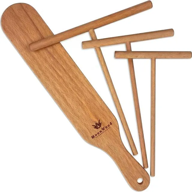 Main image of Crepe Spreader Set with Turner, 4-Piece Wooden Batter Tools (3.5, 5, 7, 12 Inch), T-Shaped Design for Pancakes and Griddle Cooking