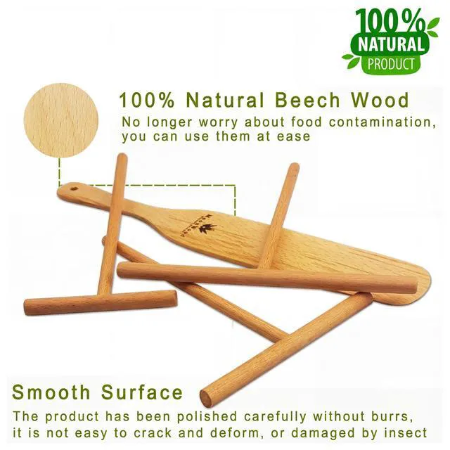 Alt view image 5 of 6 - Crepe Spreader Set with Turner, 4-Piece Wooden Batter Tools (3.5, 5, 7, 12 Inch), T-Shaped Design for Pancakes and Griddle Cooking