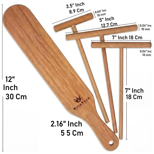 Alt view image 6 of 6 - Crepe Spreader Set with Turner, 4-Piece Wooden Batter Tools (3.5, 5, 7, 12 Inch), T-Shaped Design for Pancakes and Griddle Cooking