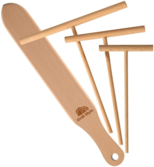 Main image of Crepe Spreader and Spatula Kit, Natural Wood Material Crepes Sticks | T-Shaped Batter Spreaders(3.5, 5, 7 Inch) & Spatula Turner(13.4 Inch), Pancake Tool, Fit Any Crepe Pan Maker, Pack of 4
