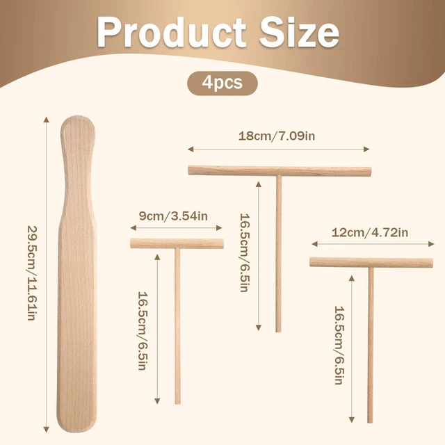 Alt view image 2 of 7 - Crepe Wooden Spreader Spatula Set, 4-Piece Crepe Spreader and Crepes batter Spreaders with 3 T-Shaped Spreaders and Turner for Pancake Roti Batter