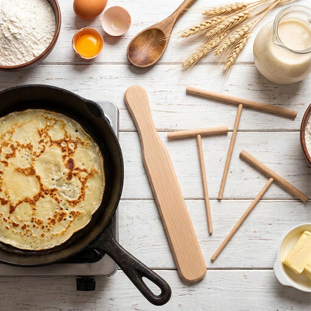 Alt view image 4 of 7 - Crepe Wooden Spreader Spatula Set, 4-Piece Crepe Spreader and Crepes batter Spreaders with 3 T-Shaped Spreaders and Turner for Pancake Roti Batter