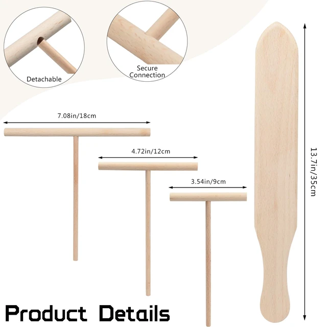 Alt view image 5 of 6 - Crepe Spreader and Spatula Set 4-Pack Natural Wood Pancake Tools with 3 T-Shaped Spreaders (3.5", 5", 7") & 13.4" Turner Fits Any Crepe Pan or Maker