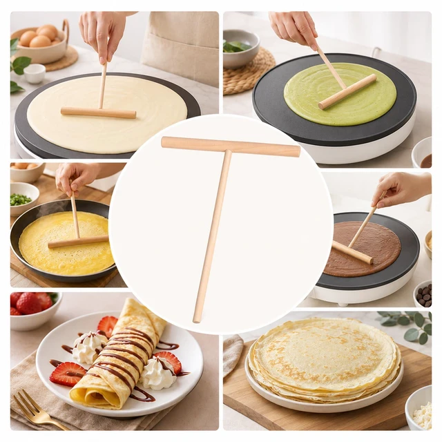 Alt view image 5 of 7 - Crepe Spreader and Spatula Kit 1 Pcs 12.6'' Flat Spatula Turner 2 Pcs 4.7'' Wooden T-Shaped Batter Spreaders Crepes Sticks Pancake Tool for Crepe Pan Maker