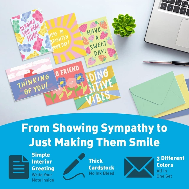 Alt view image 4 of 7 - S&O Fun Thinking of You Cards with Envelopes - Colorful Notes Pack of 24 Box - Blank Inside Encouragement Cards with Covers- Bulk Boxed Greeting sheets in various Designs-4x5.5"