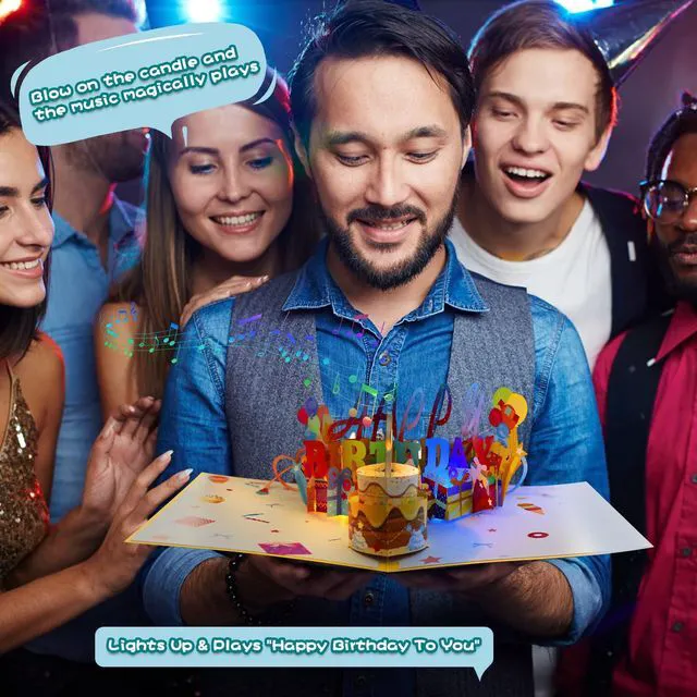 Alt view image 2 of 6 - 3D Musical Birthday Popup Card, Blowable/Blow Out LED Light Candle and Play Happy Birthday Music for Kids Men and Women