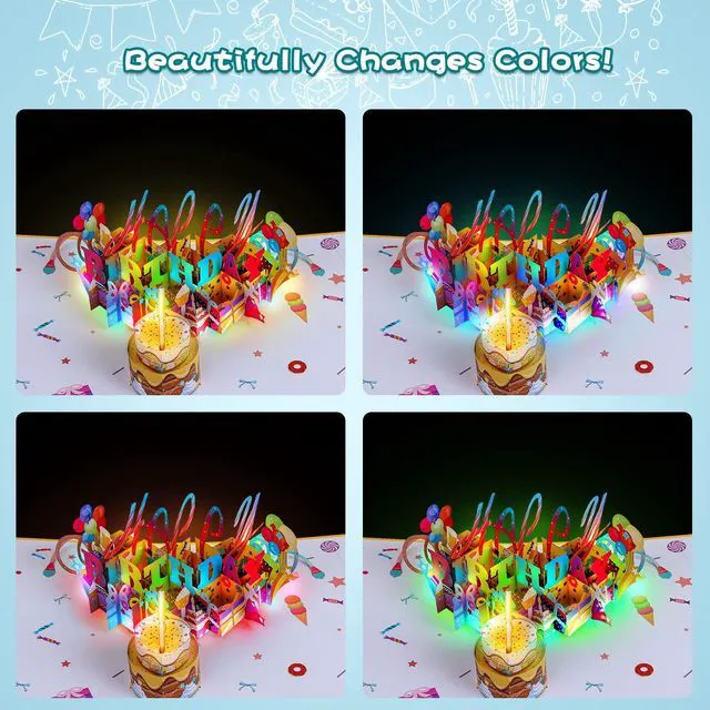 Alt view image 3 of 6 - 3D Musical Birthday Popup Card, Blowable/Blow Out LED Light Candle and Play Happy Birthday Music for Kids Men and Women