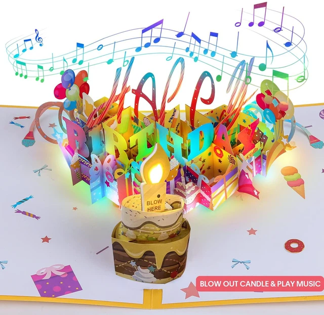 Main image of 3D Musical Birthday Popup Card, Blowable/Blow Out LED Light Candle and Play Happy Birthday Music for Kids Men and Women