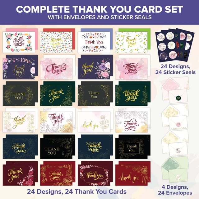 Alt view image 2 of 6 - 24 Pack Gold Foil 6x4in Floral Thank You Cards with Envelopes | Stickers, 24 Elegant Gold-Foiled Designs for Teachers & Friends, Blank Inside - Teacher Appreciation, Wedding, Gifting