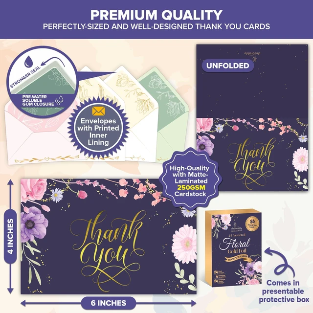 Alt view image 3 of 6 - 24 Pack Gold Foil 6x4in Floral Thank You Cards with Envelopes | Stickers, 24 Elegant Gold-Foiled Designs for Teachers & Friends, Blank Inside - Teacher Appreciation, Wedding, Gifting
