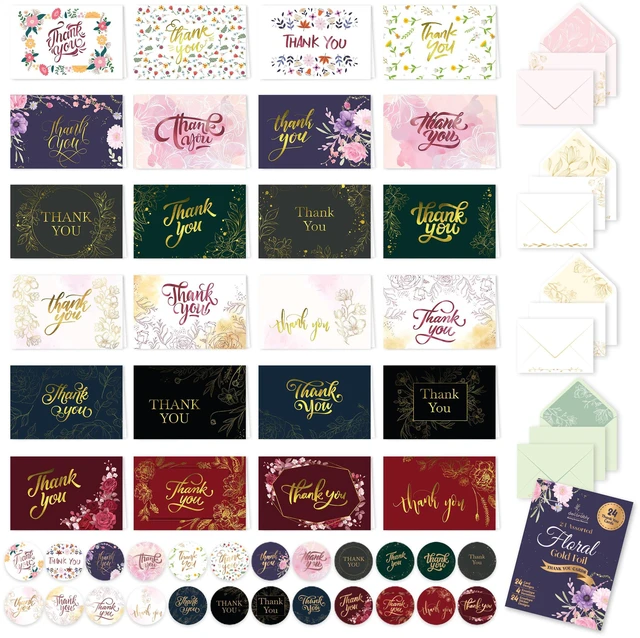 Main image of 24 Pack Gold Foil 6x4in Floral Thank You Cards with Envelopes | Stickers, 24 Elegant Gold-Foiled Designs for Teachers & Friends, Blank Inside - Teacher Appreciation, Wedding, Gifting