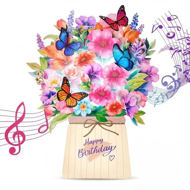 Main image of Birthday Card, Pop Up Birthday Cards for Women with Light and Music | 3D Paper Flower Butterfly Bouquet Design, Unique Forever Birthday Gift, for Women, Mom, Wife, Daughter, Sister, Female