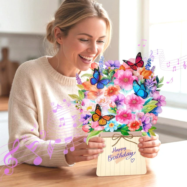 Alt view image 3 of 7 - Birthday Card, Pop Up Birthday Cards for Women with Light and Music | 3D Paper Flower Butterfly Bouquet Design, Unique Forever Birthday Gift, for Women, Mom, Wife, Daughter, Sister, Female
