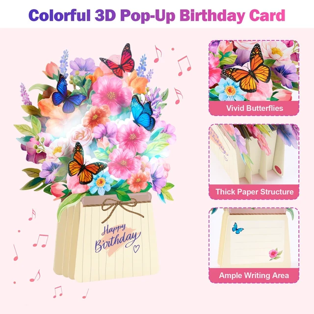 Alt view image 5 of 7 - Birthday Card, Pop Up Birthday Cards for Women with Light and Music | 3D Paper Flower Butterfly Bouquet Design, Unique Forever Birthday Gift, for Women, Mom, Wife, Daughter, Sister, Female