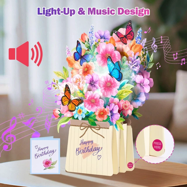 Alt view image 2 of 7 - Birthday Card, Pop Up Birthday Cards for Women with Light and Music | 3D Paper Flower Butterfly Bouquet Design, Unique Forever Birthday Gift, for Women, Mom, Wife, Daughter, Sister, Female