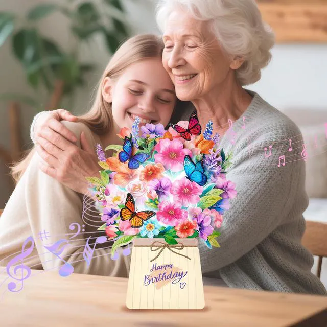 Alt view image 6 of 7 - Birthday Card, Pop Up Birthday Cards for Women with Light and Music | 3D Paper Flower Butterfly Bouquet Design, Unique Forever Birthday Gift, for Women, Mom, Wife, Daughter, Sister, Female