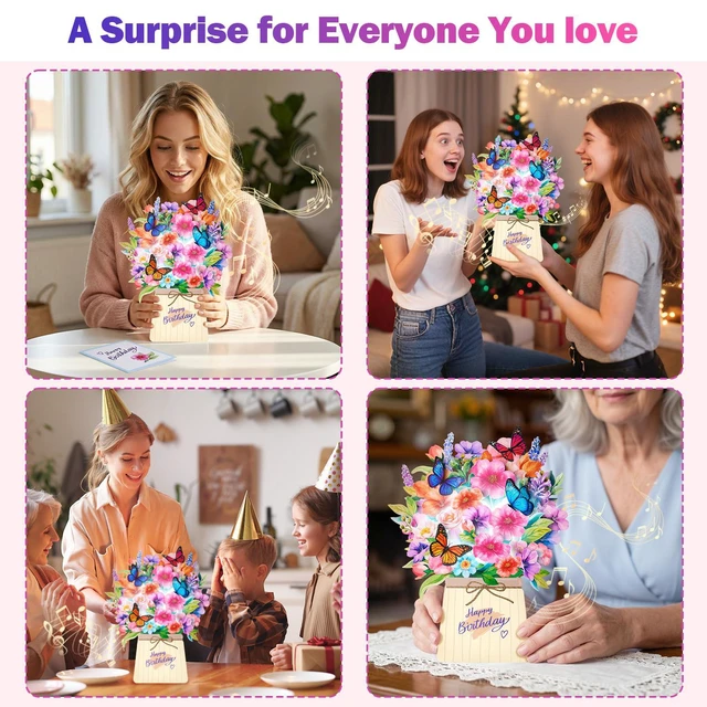 Alt view image 7 of 7 - Birthday Card, Pop Up Birthday Cards for Women with Light and Music | 3D Paper Flower Butterfly Bouquet Design, Unique Forever Birthday Gift, for Women, Mom, Wife, Daughter, Sister, Female