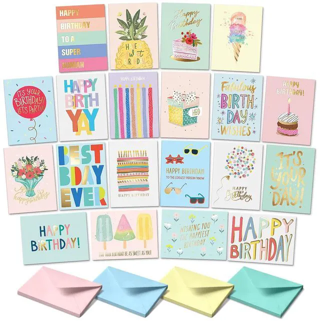 Main image of Happy Birthday Cards with Envelopes & Assortment Box. Variety Set of 20 Assorted Birthday Cards with Envelopes, Perfect Bulk Pack for Celebrations, Special Occasions, Friends