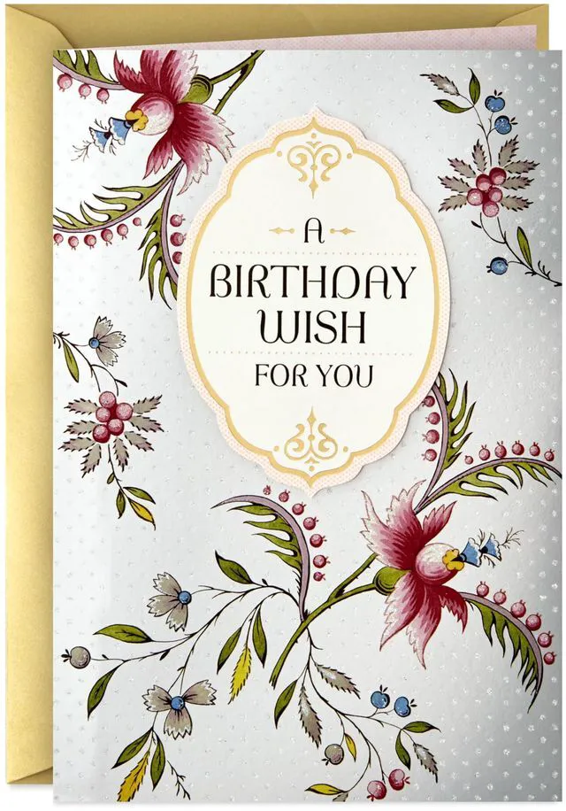 Main image of Golden Thread Birthday Card (A Birthday Wish) | Floral Print with 3D Plaque and Shimmery Accents, Coordinating Envelope, High Quality Paper Stock, Card Measures 5.8 X 8.3 in