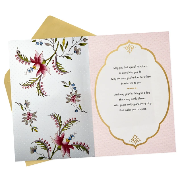 Alt view image 2 of 7 - Golden Thread Birthday Card (A Birthday Wish) | Floral Print with 3D Plaque and Shimmery Accents, Coordinating Envelope, High Quality Paper Stock, Card Measures 5.8 X 8.3 in