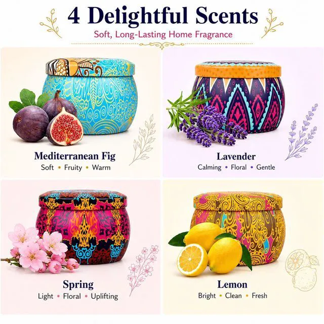 Alt view image 2 of 6 - Scented Candles Gift Set for Women, 4 Pack Soy Wax Candles for Home Scented | Aromatherapy Candle Set with Classic Bohemian Tins, Stress Relief Meditation Candle, Birthday Gifts for Mom