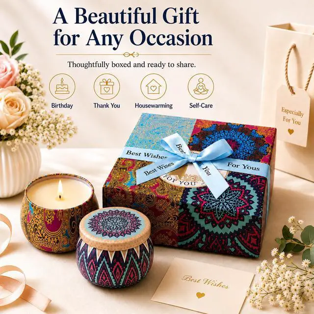 Alt view image 4 of 6 - Scented Candles Gift Set for Women, 4 Pack Soy Wax Candles for Home Scented | Aromatherapy Candle Set with Classic Bohemian Tins, Stress Relief Meditation Candle, Birthday Gifts for Mom
