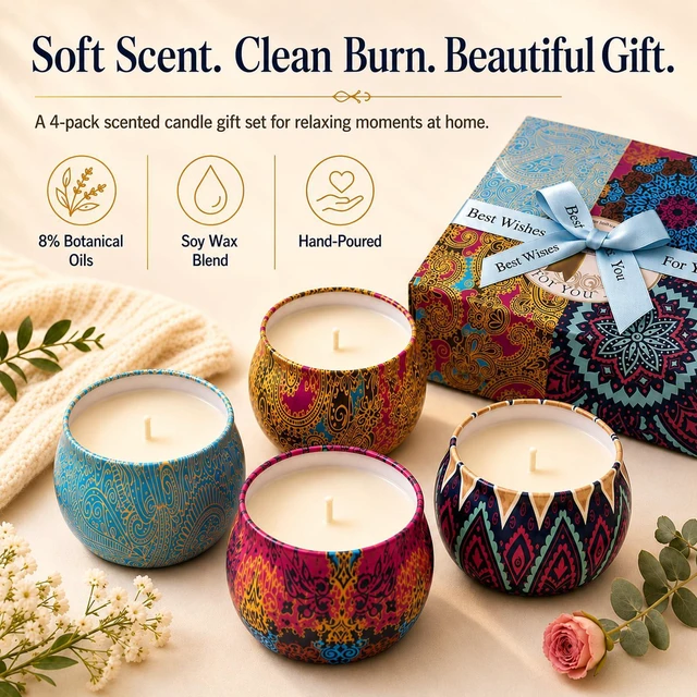 Alt view image 3 of 6 - Scented Candles Gift Set for Women, 4 Pack Soy Wax Candles for Home Scented | Aromatherapy Candle Set with Classic Bohemian Tins, Stress Relief Meditation Candle, Birthday Gifts for Mom