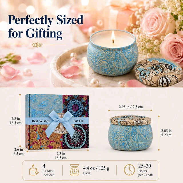 Alt view image 5 of 6 - Scented Candles Gift Set for Women, 4 Pack Soy Wax Candles for Home Scented | Aromatherapy Candle Set with Classic Bohemian Tins, Stress Relief Meditation Candle, Birthday Gifts for Mom