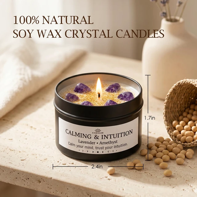 Alt view image 2 of 7 - Crystal Scented Candles for Women, White Sage & Lavender, 2 x 4oz | Amethyst & Obsidian Crystal Energy Decor, Soy Wax with Cotton Wick, 40H Total Burn Time, Compact Meditation Gift