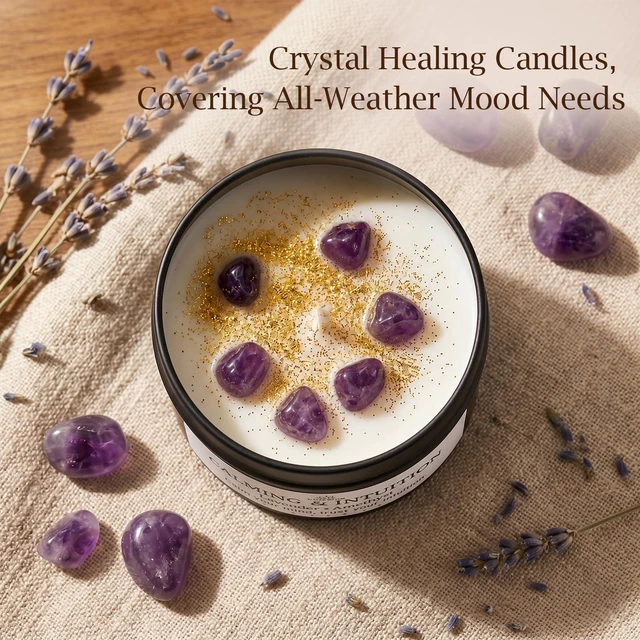 Alt view image 4 of 7 - Crystal Scented Candles for Women, White Sage & Lavender, 2 x 4oz | Amethyst & Obsidian Crystal Energy Decor, Soy Wax with Cotton Wick, 40H Total Burn Time, Compact Meditation Gift