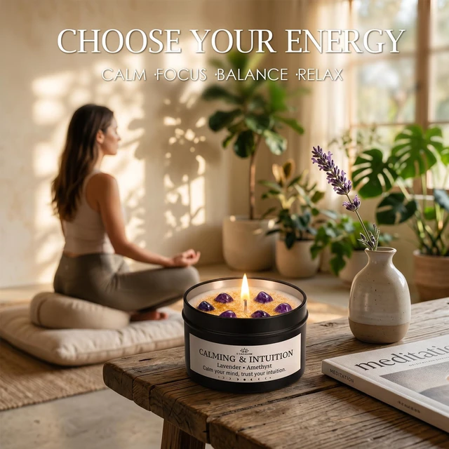 Alt view image 5 of 7 - Crystal Scented Candles for Women, White Sage & Lavender, 2 x 4oz | Amethyst & Obsidian Crystal Energy Decor, Soy Wax with Cotton Wick, 40H Total Burn Time, Compact Meditation Gift