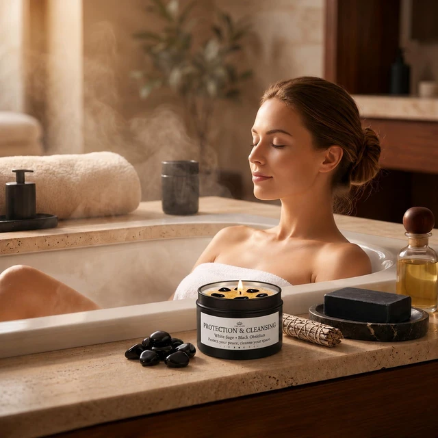 Alt view image 7 of 7 - Crystal Scented Candles for Women, White Sage & Lavender, 2 x 4oz | Amethyst & Obsidian Crystal Energy Decor, Soy Wax with Cotton Wick, 40H Total Burn Time, Compact Meditation Gift
