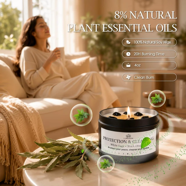 Alt view image 6 of 7 - Crystal Scented Candles for Women, White Sage & Lavender, 2 x 4oz | Amethyst & Obsidian Crystal Energy Decor, Soy Wax with Cotton Wick, 40H Total Burn Time, Compact Meditation Gift