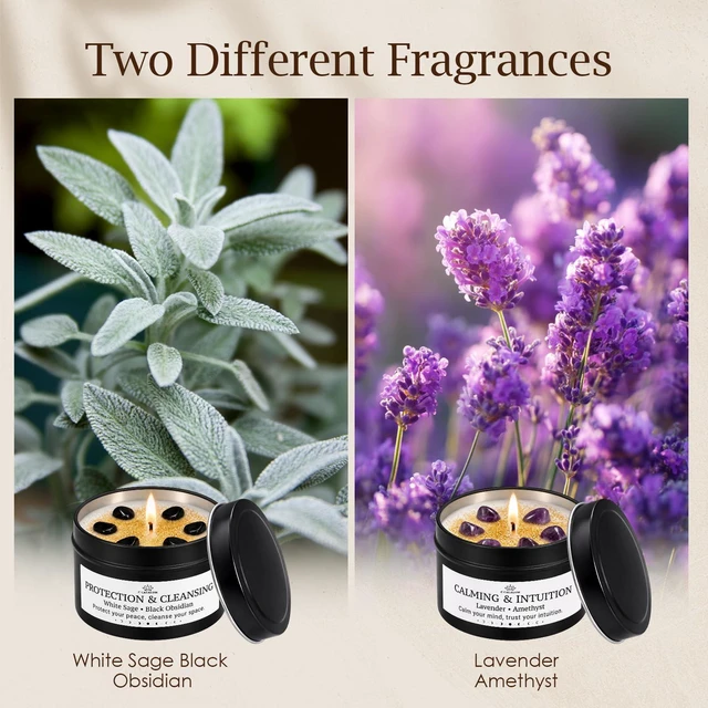 Alt view image 3 of 7 - Crystal Scented Candles for Women, White Sage & Lavender, 2 x 4oz | Amethyst & Obsidian Crystal Energy Decor, Soy Wax with Cotton Wick, 40H Total Burn Time, Compact Meditation Gift